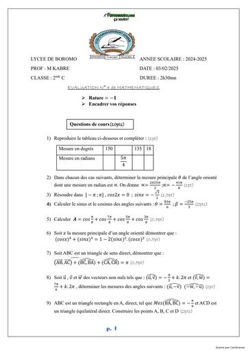 DEVOIR DE MATHS 2nde C  Angles orientés LYCEE DE BOROMO BY TEHUA