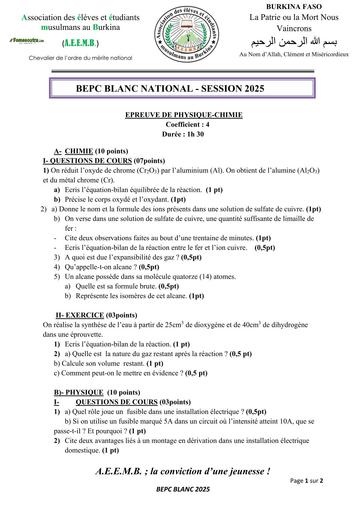 BEPC BLANC 2025 Sujet PC AEEMB BURKKINA FASO BY TEHUA