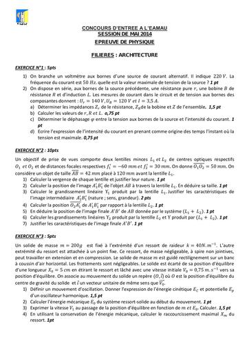 CONCOURS D’ENTREE A L’EAMAU Physique Architecture 2014