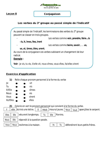 Les verbes du 3e groupe au passé simple de l’indicatif - Cours CM1