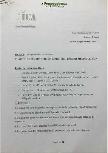 Travaux dirigés de Droit Social - Licence en Droit 2eme année - Institut Universitaire d'Abidjan