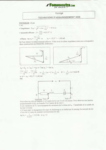 Corrigé de Physique-Chimie Techniciens d'Hygiène et d'Assainissement INFAS 2006