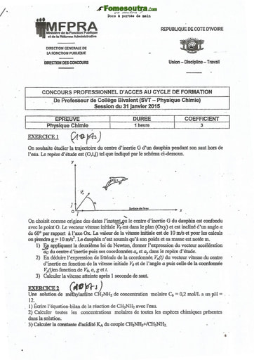 Sujet corrigé de Physique Chimie - Concours de Professeur de Collège Bivalent SVT - Physique Chimie (2015)