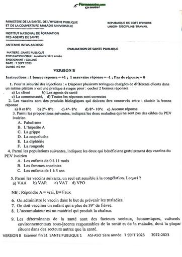 INFAS AS P7 Aboisso Compo sur table 2023 Santé publique By Tehua