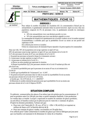 PREPA BAC 2025 SERIE D MATHS FICHE 10 BY TEHUA