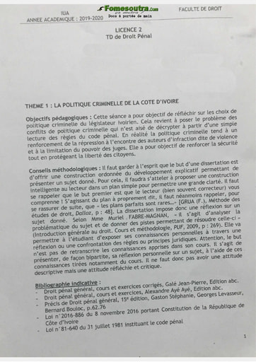 Travaux dirigés de Droit Pénal - Licence en Droit 2eme année - Institut Universitaire d'Abidjan