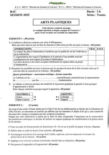 BAC 2025 Côte d'Ivoire SUJET+ BAREME ARTS PLASTIQUES BY TEHUA