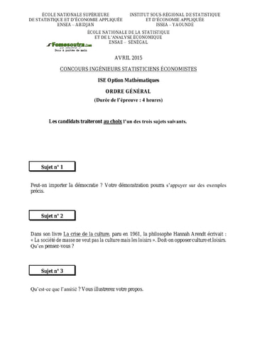 Sujet d'ordre générale ISE option maths 2015 (ENSEA - ISSEA - ENSAE)