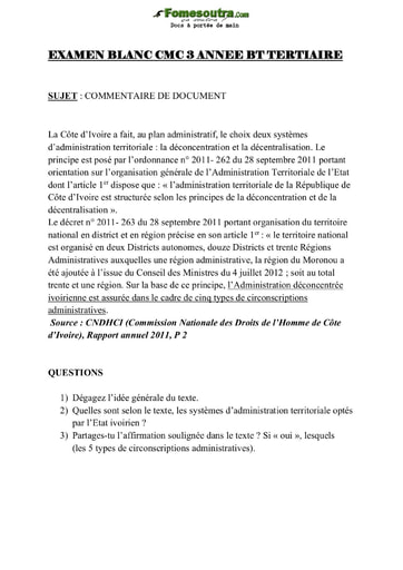 Sujet et corrigé de Connaissance du Monde Contemporain (CMC) - Examen blanc niveau 3ème année BT Tertiaire