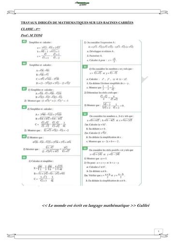 TRAVAUX DIRIGÉS DE MATHS SUR LES RACINES CARRÉES NIVEAU 3ième BY TEHUA