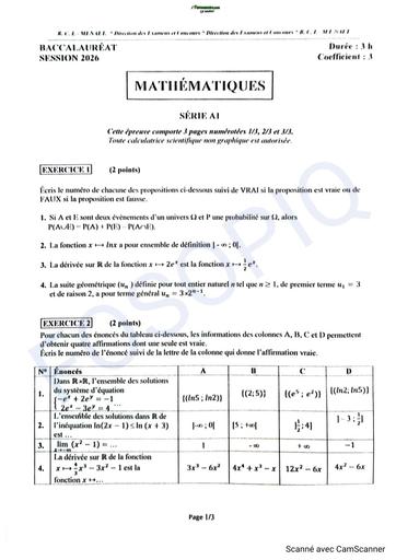 BAC 2026 Maths série A1 sujet+ barème RCI By TEHUA