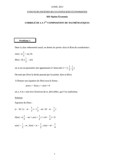 Corrigé 1ère épreuve de maths ISE option économie 2013 (ENSEA - ISSEA - ENSAE)
