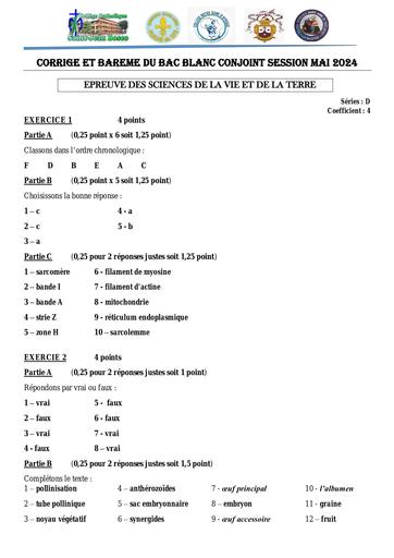 CORRIGE ET BAREME DU BAC BLANC SVt St jean bosco Mai 2024 Tle D by Tehua