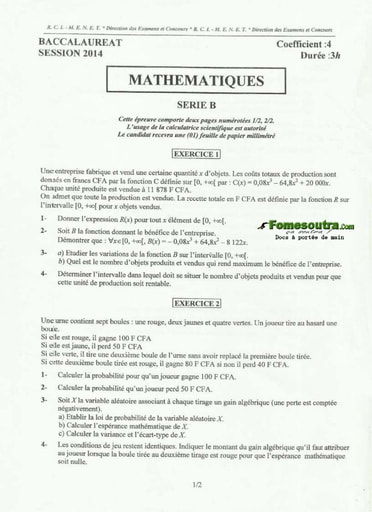 Sujet de Maths BAC B 2014