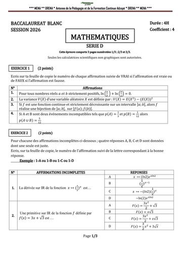 BAC BLANC 2026 DRENA ADZOPE SUJET MATHS SERIE D (SUJET) by TEHUA