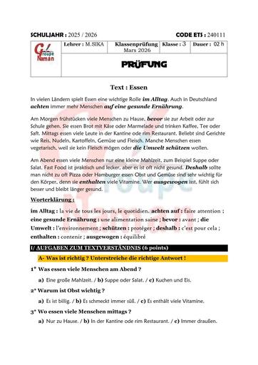 Allemand - Klassenprüfung 3e - Examen blanc interne - Mars 2026 - G.S. Naman Bingerville.