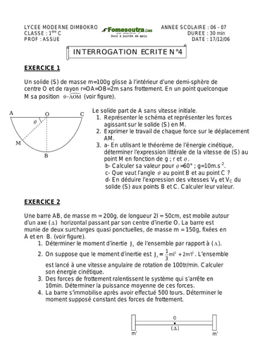 Interrogation (2) de Physique 1ère C Lycée Moderne de Dimbokro