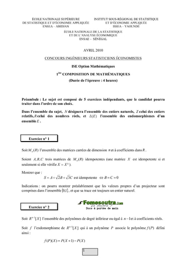 Sujet 1ère épreuve de maths ISE option maths 2010 (ENSEA - ISSEA- ENSAE)