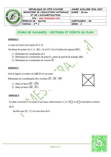 FICHE 2 MATHS 2nde C VECTEURS ET POINTS DU PLAN BY TEHUA