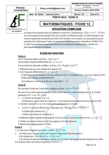PREPA BAC 2025 SERIE D MATHS FICHE 12 BY TEHUA