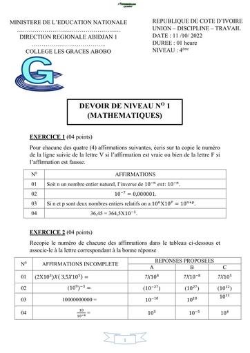 DEVOIR DE MATHS NIVEAU 4ième COLLEGE LES GRACES 2022 BY TEHUA
