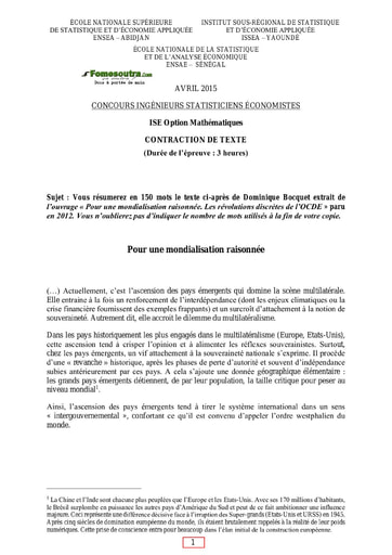 Sujet de Contraction de texte ISE option maths 2015 (ENSEA - ISSEA - ENSAE)