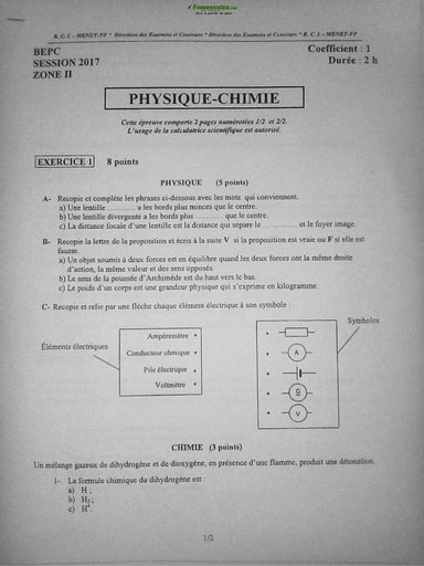 Sujet corrigé et barème de Physique Chimie BEPC 2017 zone 2