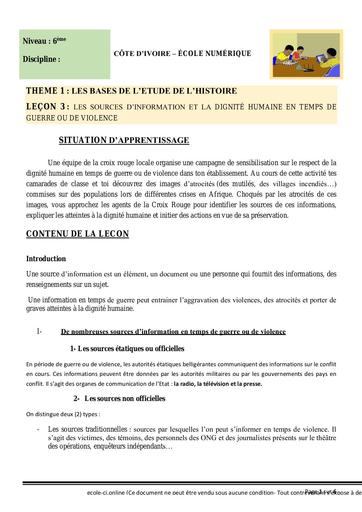 6ème H3 Les sources dinformation et la dignité humaine en temps de guerre ou de violence