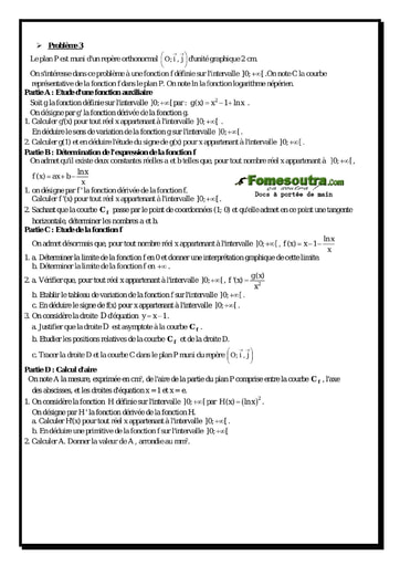 Problème (3) Etude d'une Fonction Logarithme Népérienne - Maths Terminale D