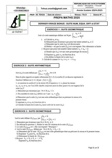 PREPA BAC 2025 MATHS SERIE C&D FICHE DERNIER VIRAGE BONUS SUITE NUM, EQUA  DIFF et STAT JUIN 2025 BY TEHUA
