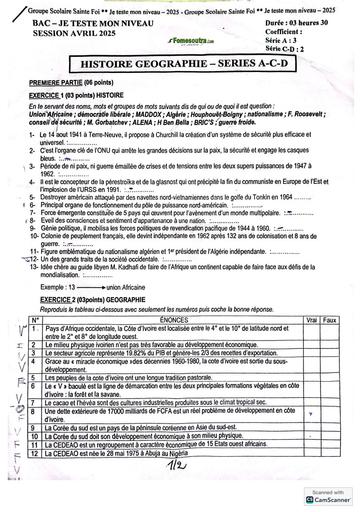 Bac blanc internet je teste mon niveau avril 2025 collège sainte foi ABOBO SUJET HG serie ACD by TEHUA