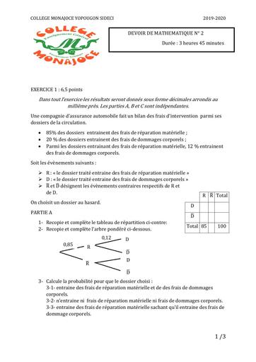 DEVOIR MATHS Tle D+-B++ (Etude de Fonctions-Proba)