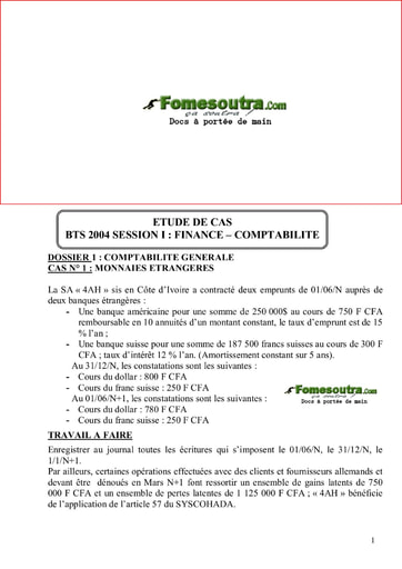 Sujet corrigé Etude de Cas BTS Finances Comptabilité 2004