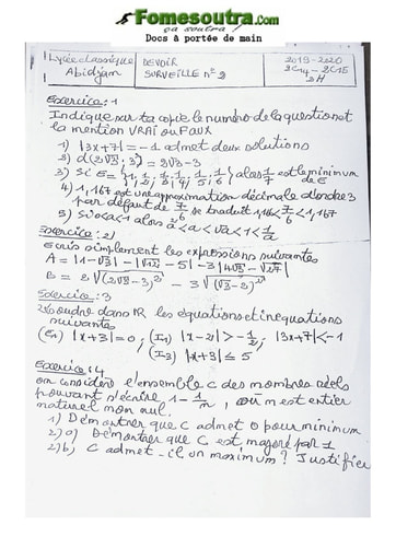 Devoir de Mathématique Seconde C 2020 2021