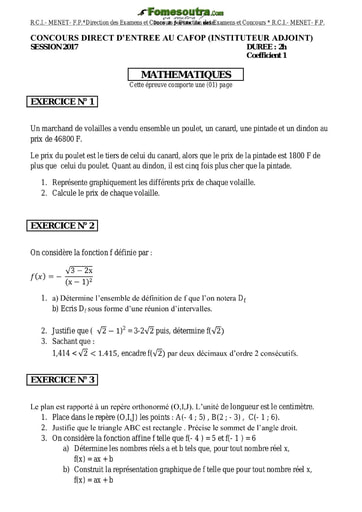 Sujet de Mathématiques CAFOP (Instituteur Adjoint) 2017