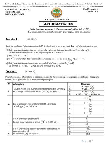 EXAMEN BLANC INTERNE MATHS NIVEAU Tle D FEVRIER 2026 MERLAN