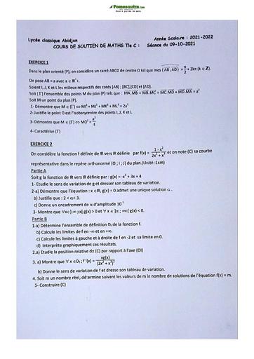 Devoir de Mathématique Terminale C Lycée Classique Abidjan 2021-2022