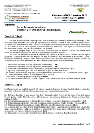 Sujet de Biologie végétale concours AMCPE 2013