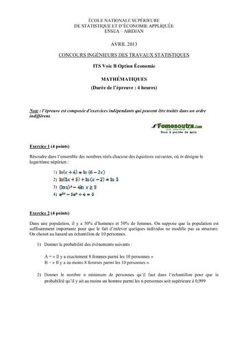 Sujet de Maths ITS B option Economie 2013 (ENSEA)