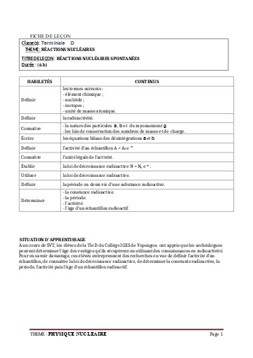 FICHE DE COURS PC Tle D L14 EACTIONS NUCLEAIRES SPONANEES by TEHUA