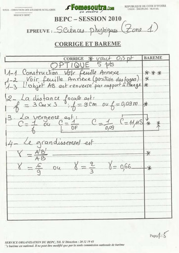 Corrigé de Physique Chimie BEPC 2010 zone 1