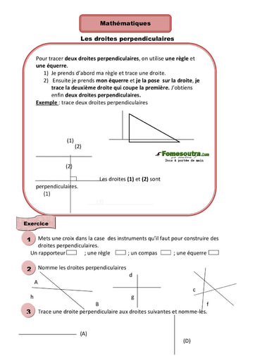 Les droites perpendiculaires - Cours CE1