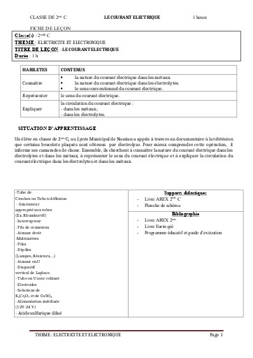 FICHE DE COURS PC 2nde C L1 COURANT ELECRIQUE by TEHUA