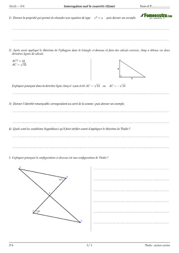 Sujet TP 6 portant sur le théorème de Pythagore et de Thalès maths niveau 3eme