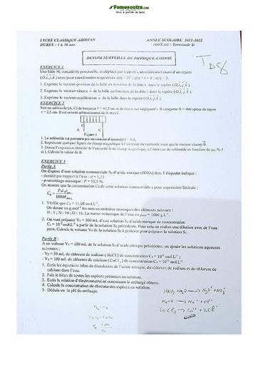 Sujet de Physique-Chimie Terminale D Lycée Classique Abidjan 2021-2022