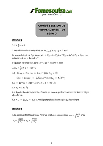 Corrigé de Physique-Chimie BAC D 1996 session remplacement