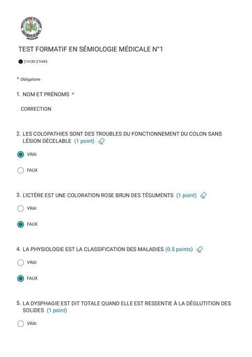 INFAS CORRECTION DU TEST FORMATIF EN SÉMIOLOGIE MÉDICALE N°1 BY TEHUA