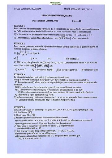 Sujets de Mathématique série C Lycée Classique d'Abidjan 22-23