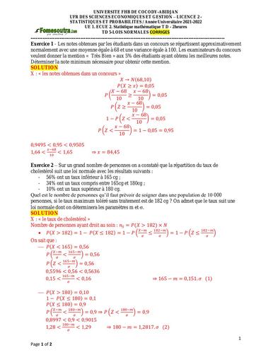 UFHB de Cocody (stat loi normal) L2 CORRECTIONS TD5 2021 2022 by TEHUA