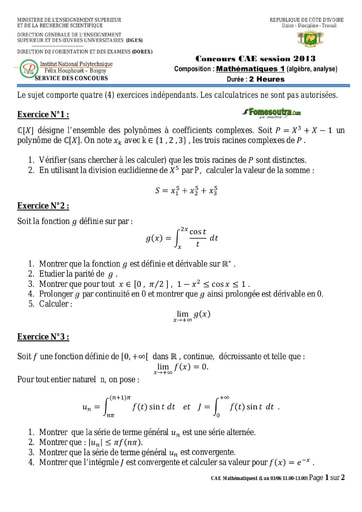 Sujet de Mathématique 1 concours CAE 2013